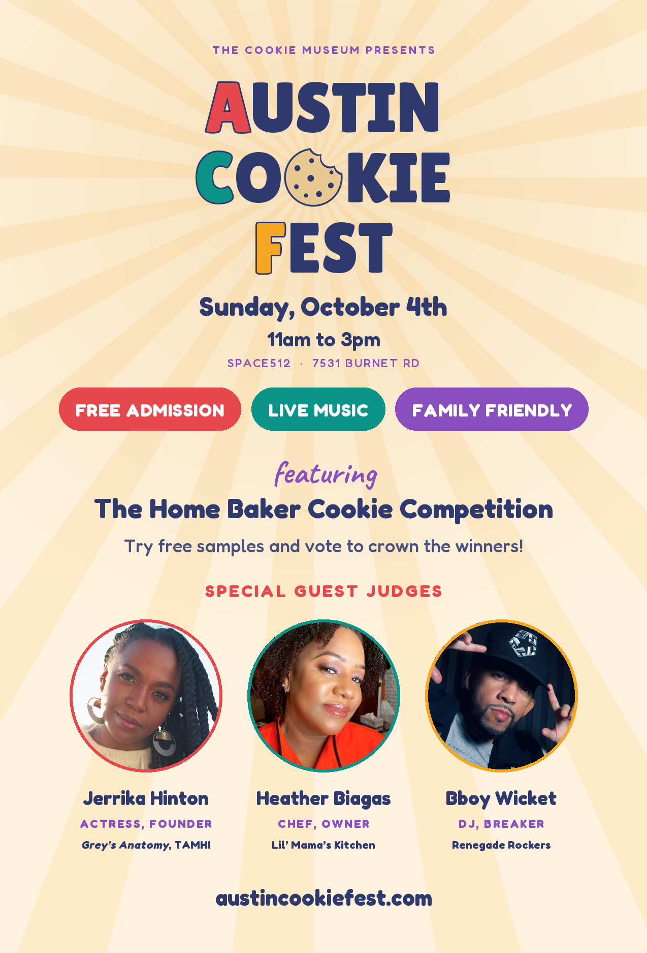 Austin Cookie Fest flyer with the three judges
